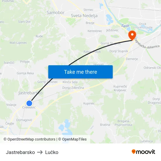 Jastrebarsko to Lučko map
