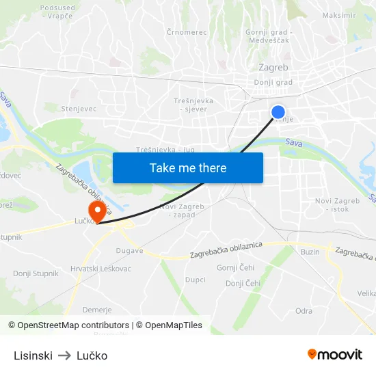 Lisinski to Lučko map