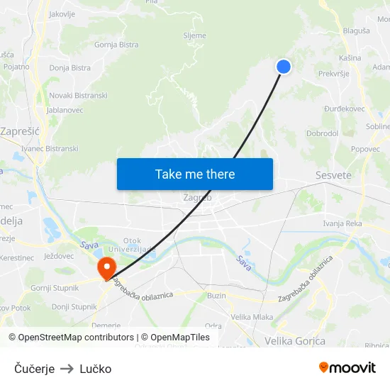 Čučerje to Lučko map