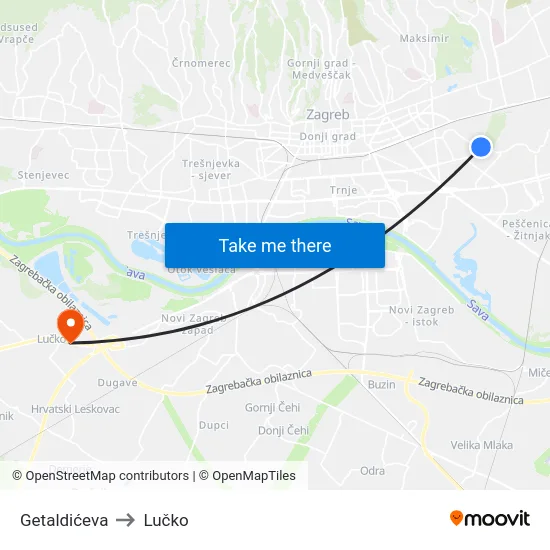 Getaldićeva to Lučko map