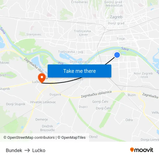 Bundek to Lučko map