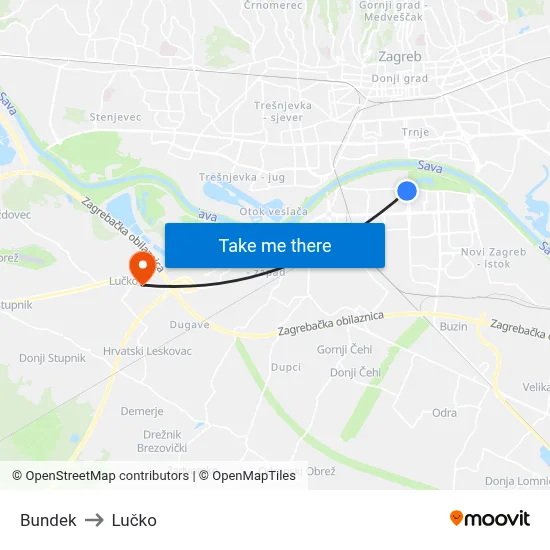 Bundek to Lučko map