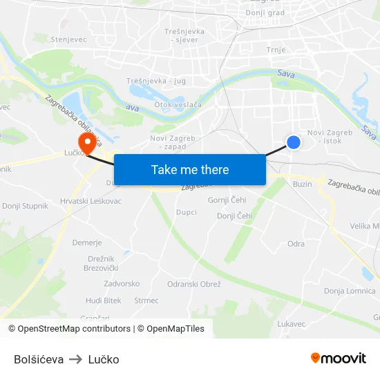 Bolšićeva to Lučko map