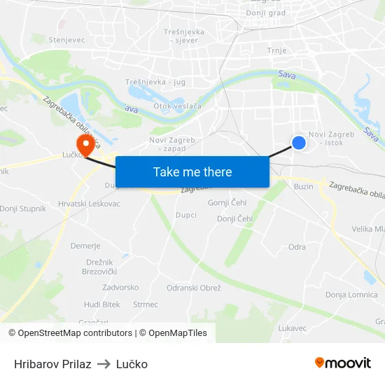 Hribarov Prilaz to Lučko map