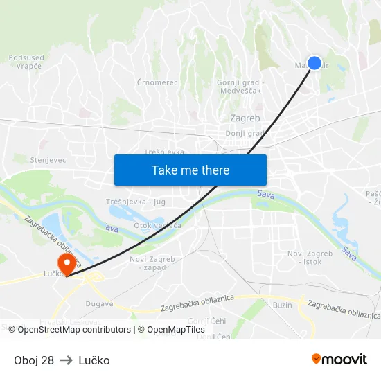 Oboj 28 to Lučko map