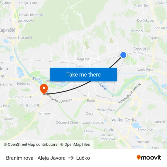 Branimirova - Aleja Javora to Lučko map