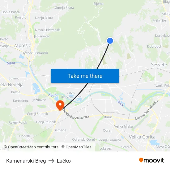 Kamenarski Breg to Lučko map