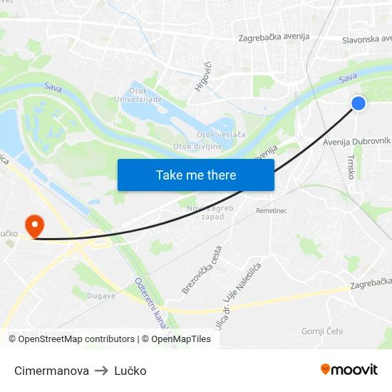 Cimermanova to Lučko map