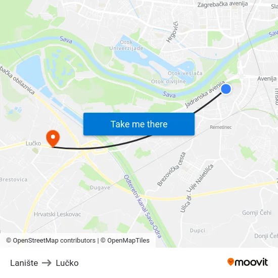 Lanište to Lučko map