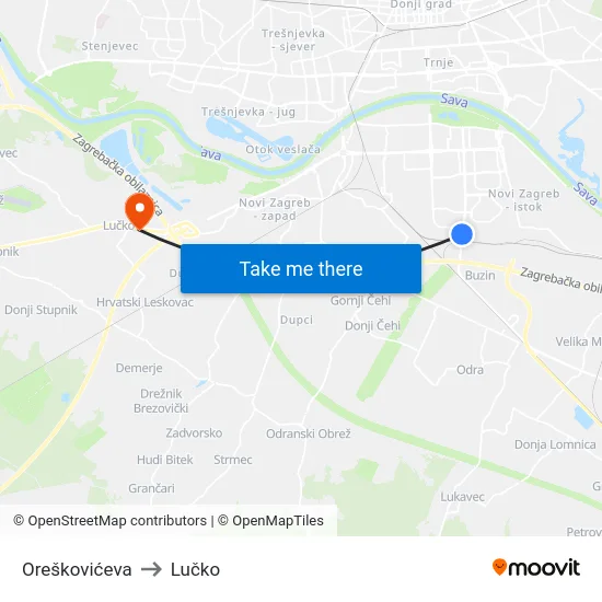 Oreškovićeva to Lučko map