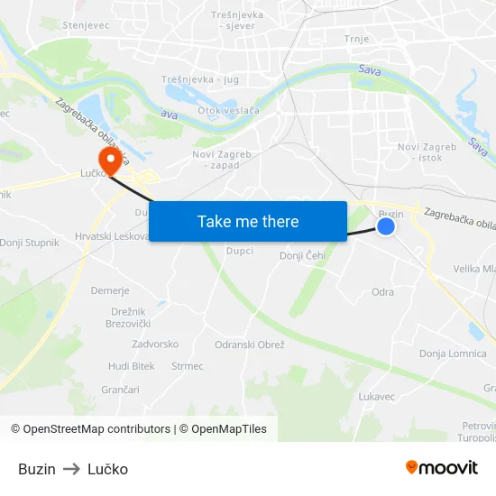 Buzin to Lučko map
