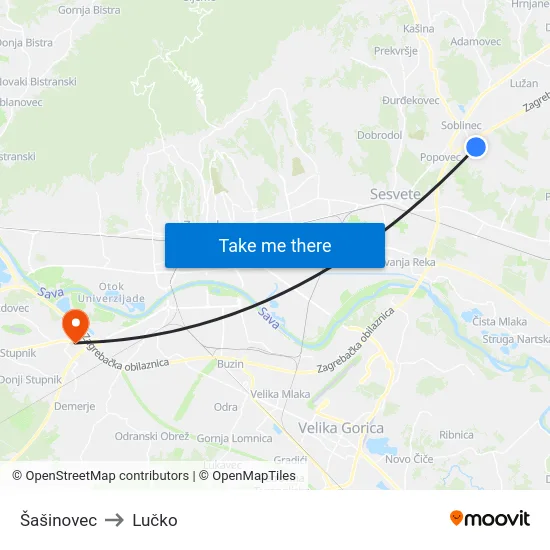 Šašinovec to Lučko map