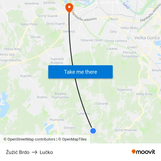 Žužić Brdo to Lučko map