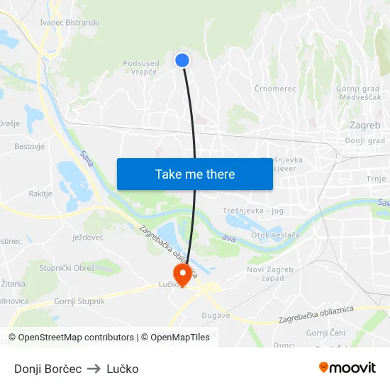 Donji Borčec to Lučko map