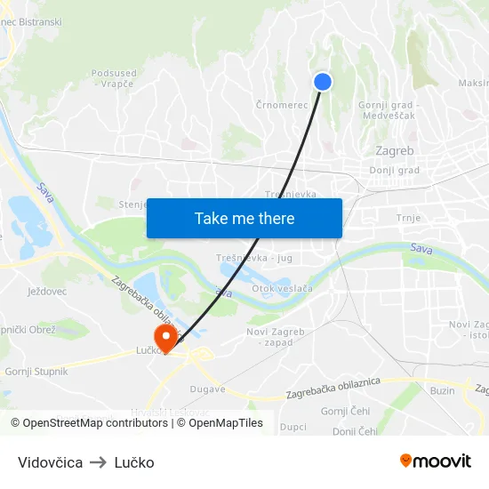 Vidovčica to Lučko map