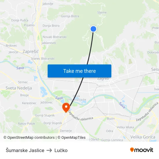 Šumarske Jaslice to Lučko map