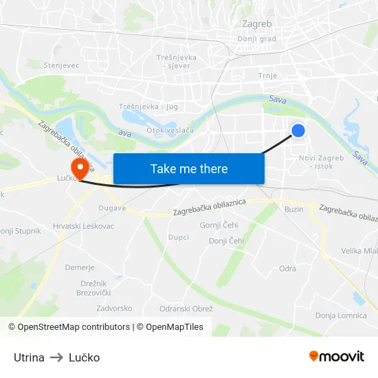 Utrina to Lučko map