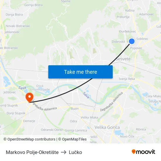 Markovo Polje-Okretište to Lučko map