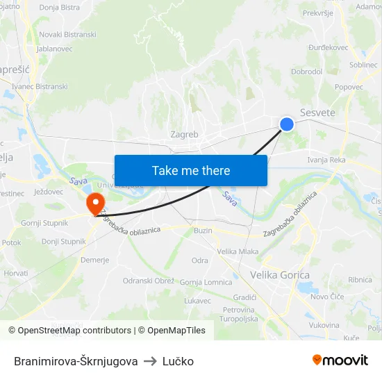 Branimirova-Škrnjugova to Lučko map