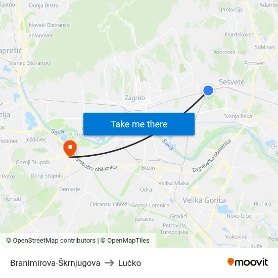 Branimirova-Škrnjugova to Lučko map
