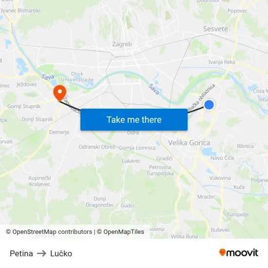 Petina to Lučko map