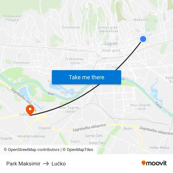 Park Maksimir to Lučko map