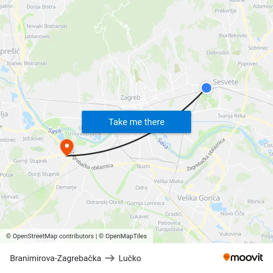 Branimirova-Zagrebačka to Lučko map