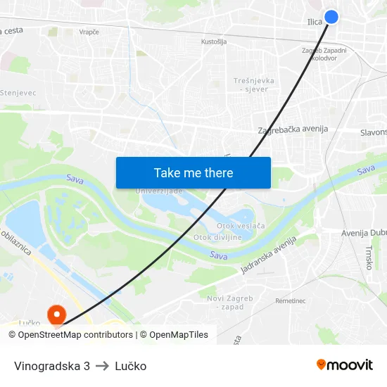 Vinogradska 3 to Lučko map