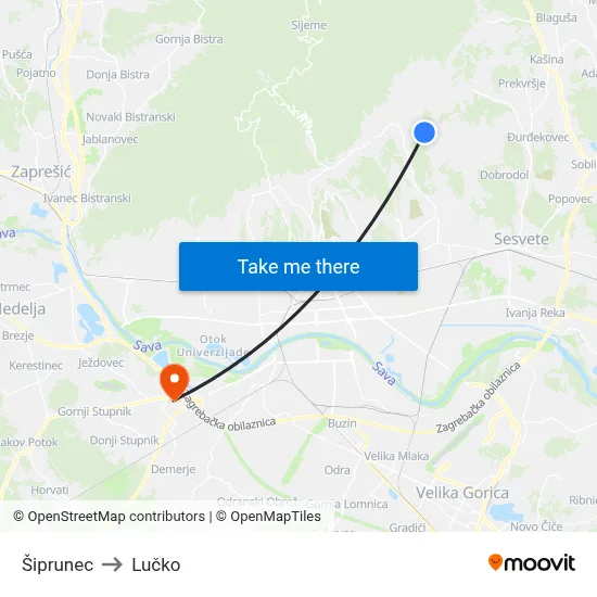 Šiprunec to Lučko map