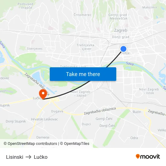 Lisinski to Lučko map