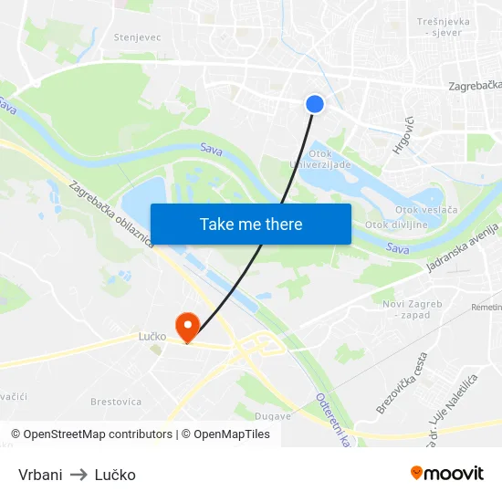 Vrbani to Lučko map