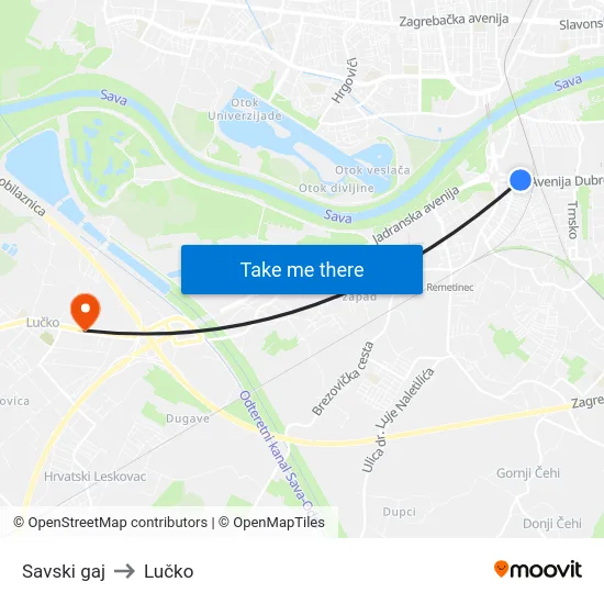 Savski gaj to Lučko map