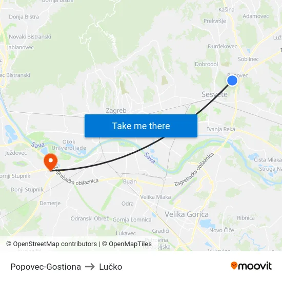 Popovec-Gostiona to Lučko map