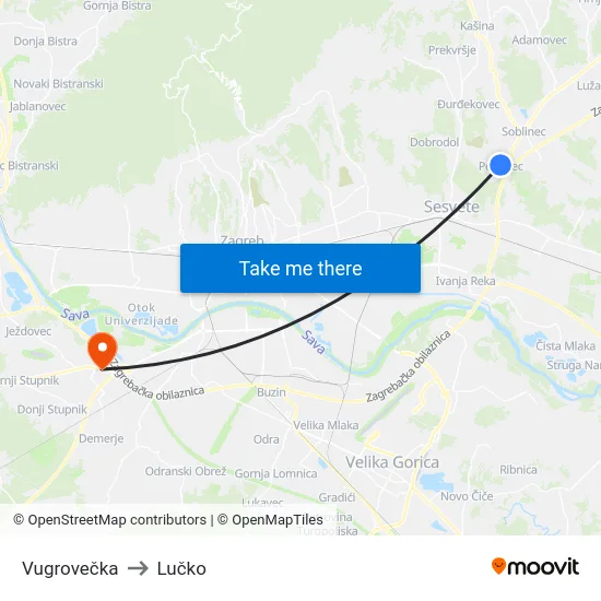 Vugrovečka to Lučko map