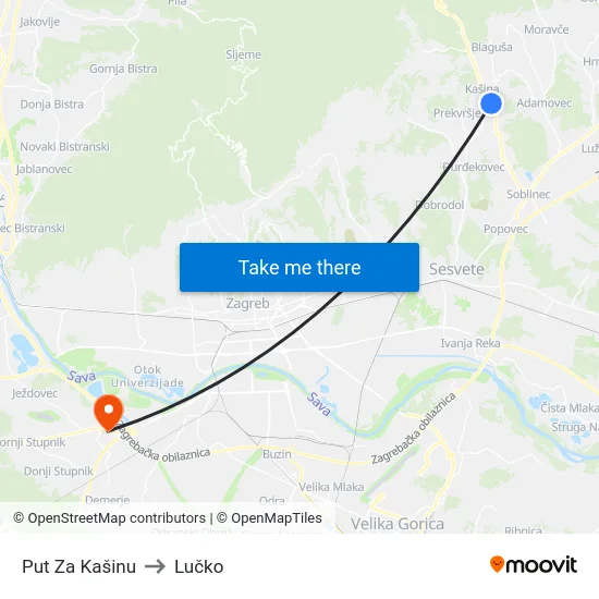 Put Za Kašinu to Lučko map