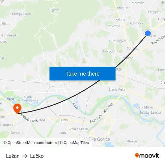 Lužan to Lučko map