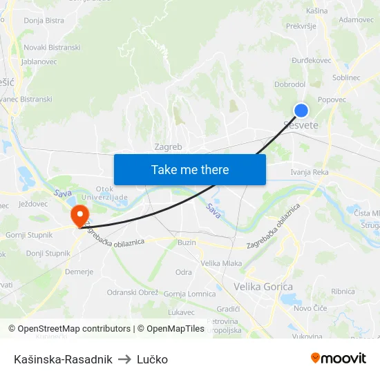 Kašinska-Rasadnik to Lučko map