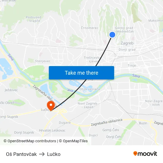Oš Pantovčak to Lučko map