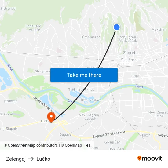 Zelengaj to Lučko map