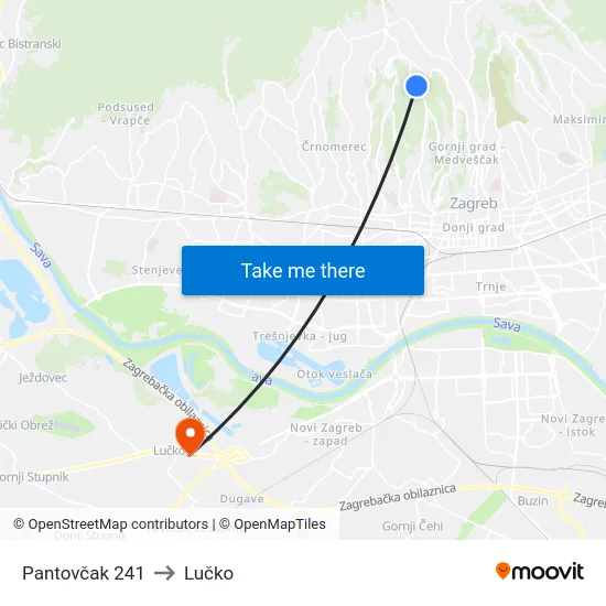 Pantovčak 241 to Lučko map