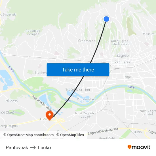 Pantovčak to Lučko map