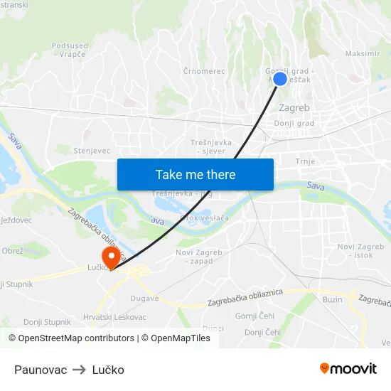 Paunovac to Lučko map