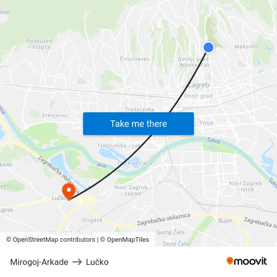 Mirogoj-Arkade to Lučko map