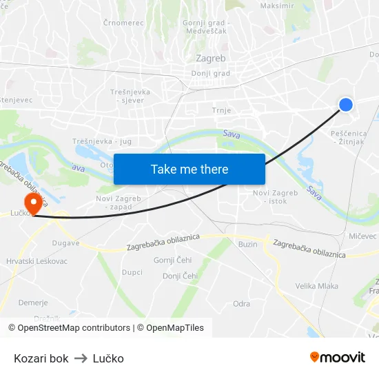 Kozari bok to Lučko map