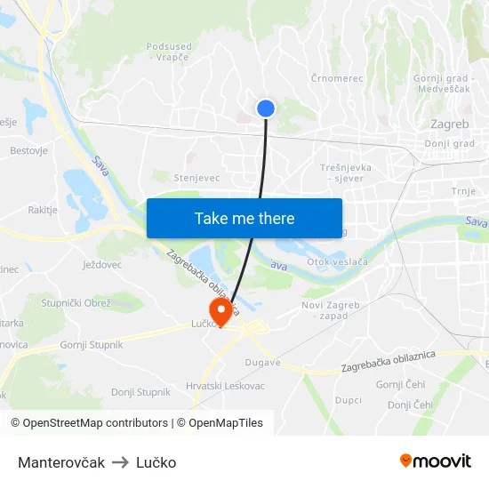 Manterovčak to Lučko map