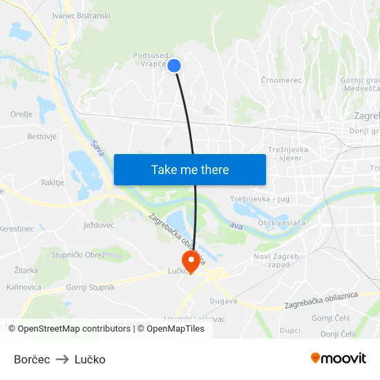 Borčec to Lučko map