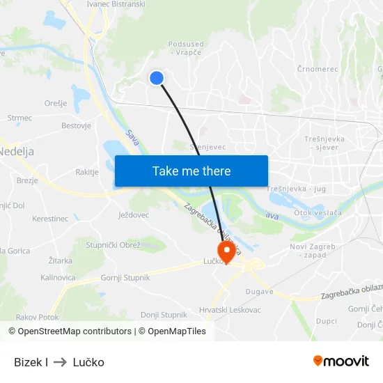 Bizek I to Lučko map