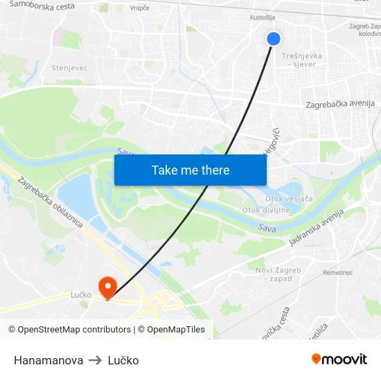 Hanamanova to Lučko map