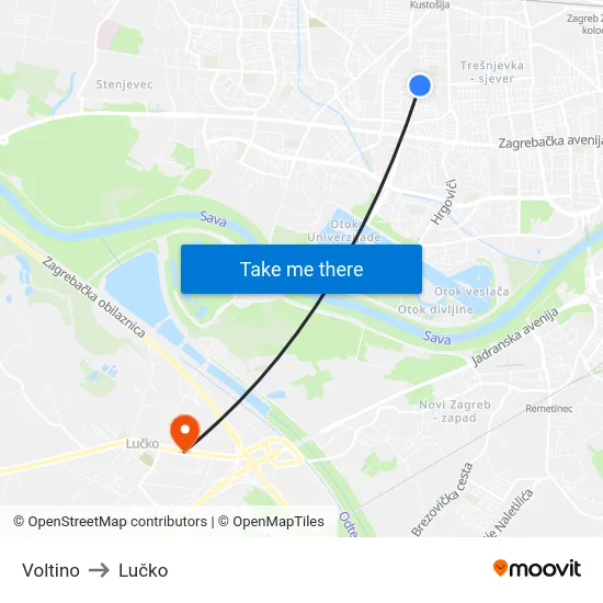 Voltino to Lučko map