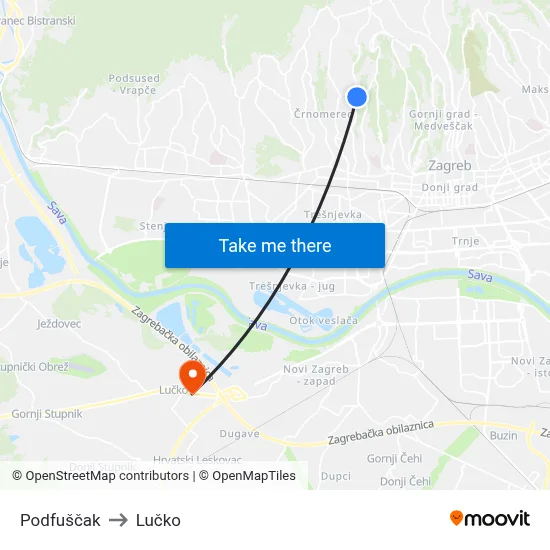 Podfuščak to Lučko map